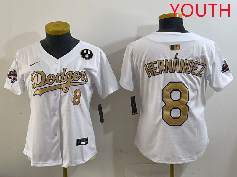 Youth Los Angeles Dodgers #8 Hernandez White Gold Game Nike 2025 MLB Jersey style 4293